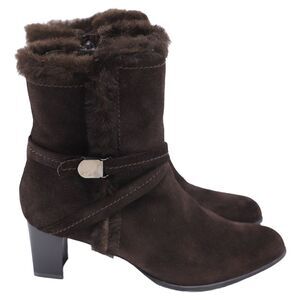 Stuart Weitzman Fur-Lined Block-Heel Ankle Boots in Brown Suede